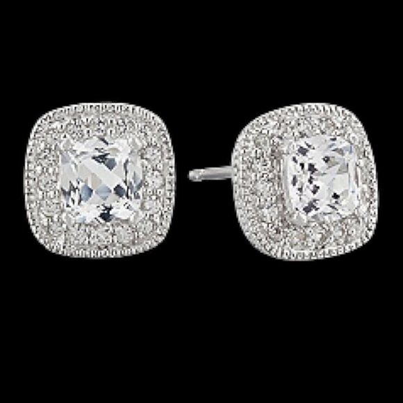 NWT Rhodium- Plated Silver Lab Created Cushion Cut White Sapphire Halo Earrings - Picture 2 of 2